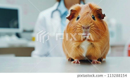 Cute pet, red guinea pig in the veterinarian's office, against the background of a blurred silhouette of the doctor. Animal health concept, feeding and caring for them Cute pet, red guinea pig in the veterinarian's office, against the background of a blurred silhouette of the doctor. Animal health concept, feeding and caring for them 113288154