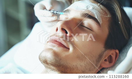 Close-up of a man's face during a precision injection, reflecting advanced skin care. Soft masculinity, self-care, men's cosmetology 113288160