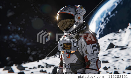 An astronaut in spacesuit stands on surface of Moon, in background rises Earth, illuminated by distant sun. Concept of exploring the galaxy An astronaut in spacesuit stands on surface of Moon, in background rises Earth, illuminated by distant sun. Concept of exploring the galaxy 113288161