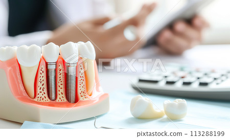 Close-up of a dental implant model on a table, which is used in dental consultations, in the background there is a calculator and a person who calculates the cost for dental services, insurance 113288199