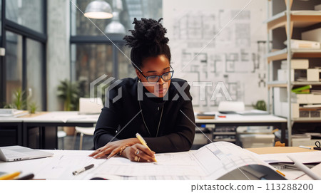 A young black woman office worker carefully organizes documents, makes the necessary notes at her workplace, demonstrating dedication to her business. Work in a modern office 113288200