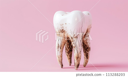 Model of a diseased tooth, inflammation of molar roots, periodontitis. Concept of oral health and dental treatment, various dental diseases. Dental clinic banner template 113288203