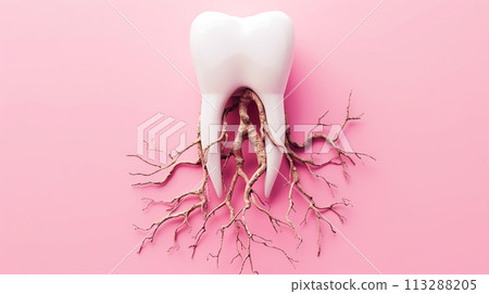 Model of a diseased tooth, inflammation of molar roots, periodontitis. Concept of oral health and dental treatment, various dental diseases. Dental clinic banner template Model of a diseased tooth, inflammation of molar roots, periodontitis. Concept of oral health and dental treatment, various dental diseases. Dental clinic banner template 113288205