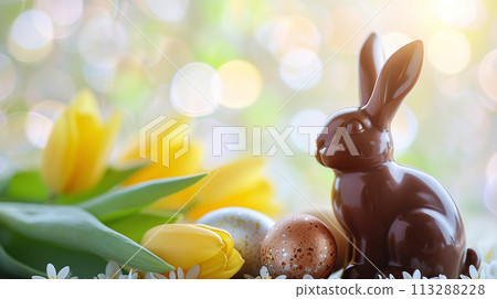 Easter adorable elegant chocolate bunny with many speckled Easter eggs on a background of tulips. Festive spring card 113288228