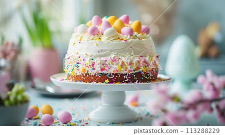Colorfully decorated Easter cake with icing and sprinkles surrounded by pastel colored eggs on cake stand holiday table Colorfully decorated Easter cake with icing and sprinkles surrounded by pastel colored eggs on cake stand holiday table 113288229