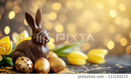 Easter adorable elegant chocolate bunny with many speckled Easter eggs on a background of tulips. Festive spring card Easter adorable elegant chocolate bunny with many speckled Easter eggs on a background of tulips. Festive spring card 113288233