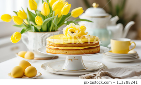 Elegant yellow fondant cake decorated with fresh tulips and Easter eggs in a white bowl, on table. Happy Easter concept Elegant yellow fondant cake decorated with fresh tulips and Easter eggs in a white bowl, on table. Happy Easter concept 113288241