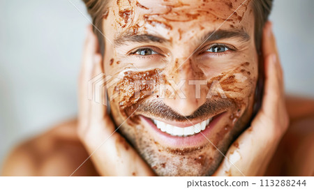 A radiant masculine smile on the face of a young man wearing a coffee scrub mask, emphasizing a playful and attractive approach to skin care. A joyful cosmetic procedure - exfoliation A radiant masculine smile on the face of a young man wearing a coffee scrub mask, emphasizing a playful and attractive approach to skin care. A joyful cosmetic procedure - exfoliation 113288244