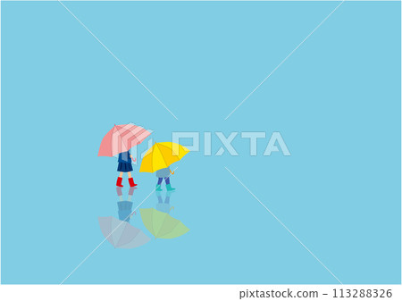 一個女孩和一個男孩撐著雨傘在雨中行走的插圖 113288326