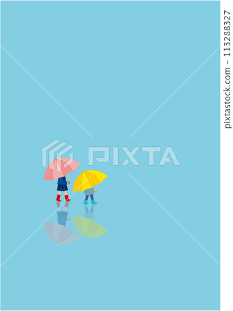 一個女孩和一個男孩在雨中撐著雨傘行走的插圖（垂直） 113288327