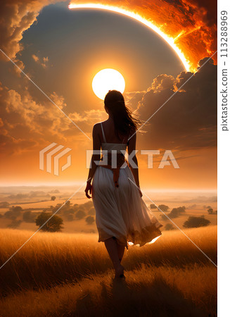 A woman standing in the sunset 113288969