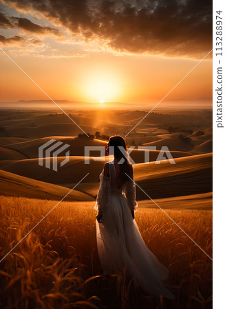 A woman standing in the countryside at sunset 113288974