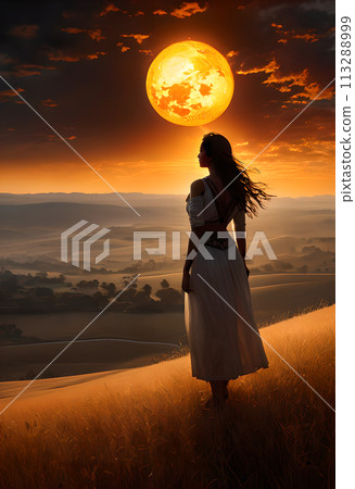 Woman standing on a hill at dusk 113288999