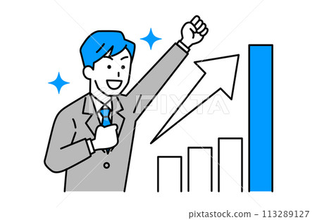 一個穿著西裝的快樂男人和右側上升的圖表 113289127