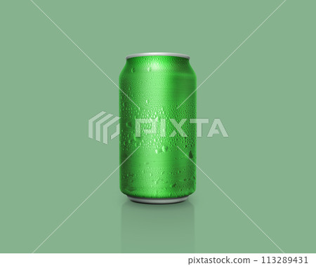 Can of fresh soda with water drops on color background. Can of fresh soda with water drops on color background. 113289431