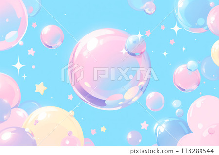 Fantasy sky background with sparkling soap bubbles and stars 113289544