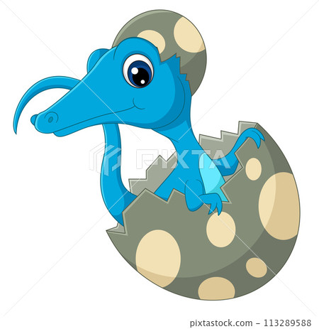 Cartoon baby compsognathus hatching from egg of illustration Cartoon baby compsognathus hatching from egg of illustration 113289588