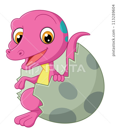 Cartoon baby veliciraptor hatching from egg of illustration 113289604
