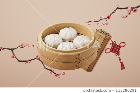 Chinese food baozi in food steamer, 3d rendering. Chinese food baozi in food steamer, 3d rendering. 113290291