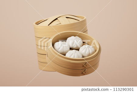 Chinese food baozi in food steamer, 3d rendering. 113290301