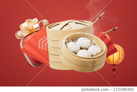 Chinese food baozi in food steamer, 3d rendering. 113290302