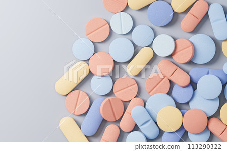 Pills with different colors, 3d rendering. 113290322
