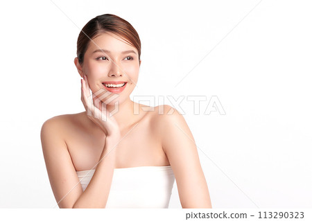 Beautiful young asian woman with clean fresh skin on white background, Face care, Facial treatment, Cosmetology, beauty and spa, Asian women portrait. 113290323