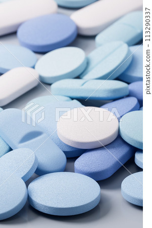 Pills with different colors, 3d rendering. 113290337