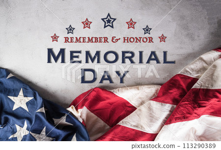 Happy Memorial day, Independence day concept made from american flag with the text on dark stone background. Happy Memorial day, Independence day concept made from american flag with the text on dark stone background. 113290389