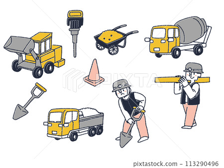 Illustration set of people working at a construction site, working vehicles and construction tools Illustration set of people working at a construction site, working vehicles and construction tools 113290496