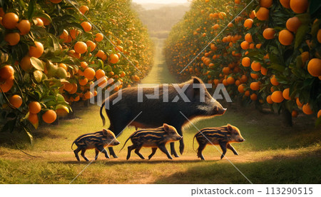 一頭野豬帶著它的父母和孩子穿過橘子田 113290515