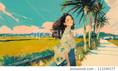 微笑的女人沿著有棕櫚樹的鄉村道路行走 113290577