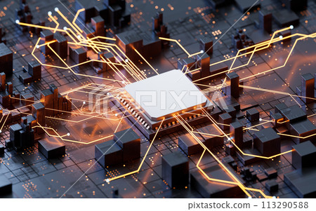 Technology circuit board and core, 3d rendering. 113290588