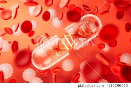 Capsule and blood cells, 3d rendering. 113290633