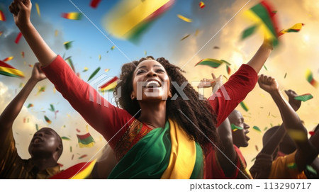 African American woman with raised arms in the air celebrating Juneteenth Freedom and African liberation day. Black life matters. Black history month. 113290717