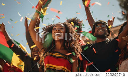 African American woman with raised arms in the air celebrating Juneteenth Freedom and African liberation day. Black life matters. Black history month. African American woman with raised arms in the air celebrating Juneteenth Freedom and African liberation day. Black life matters. Black history month. 113290740