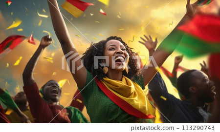 African American woman with raised arms in the air celebrating Juneteenth Freedom and African liberation day. Black life matters. Black history month. African American woman with raised arms in the air celebrating Juneteenth Freedom and African liberation day. Black life matters. Black history month. 113290743