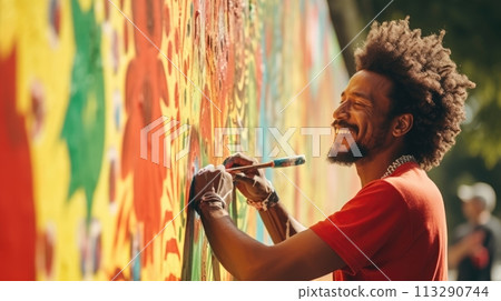 Happy male artist painting a colorful mural on a wall with a paintbrush in hand. Celebrating Juneteenth Freedom and African liberation day. Black life matters. Black history month. Happy male artist painting a colorful mural on a wall with a paintbrush in hand. Celebrating Juneteenth Freedom and African liberation day. Black life matters. Black history month. 113290744
