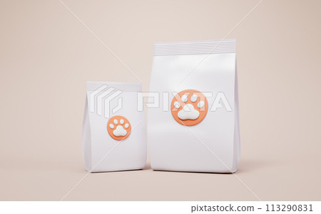 White pet food package bag, 3d rendering. White pet food package bag, 3d rendering. 113290831