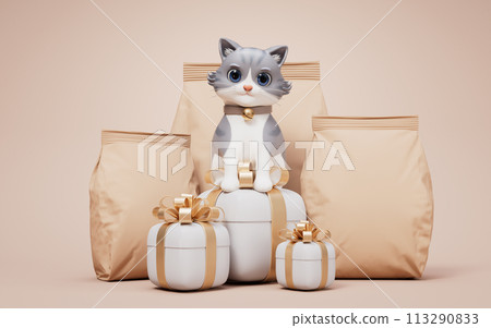 Little cat and brown blank paper package bag, 3d rendering. 113290833