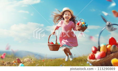 Cheerful young girl holding colorful Easter egg basket under clear blue sky on sunny spring day Cheerful young girl holding colorful Easter egg basket under clear blue sky on sunny spring day 113290869
