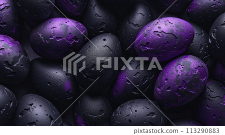 Purple and black Easter Eggs on dark Background. Happy Easter eggs Purple and black Easter Eggs on dark Background. Happy Easter eggs 113290883