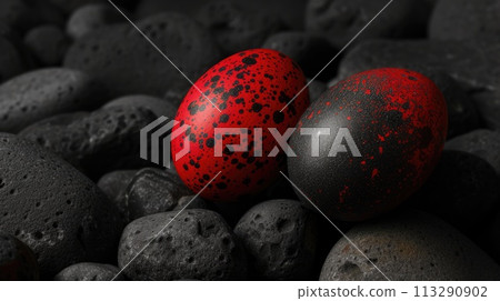 Red and black Easter Eggs on dark Background. Happy Easter eggs 113290902