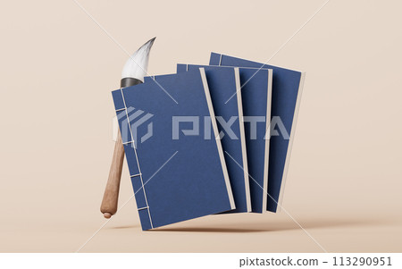 Ancient Chinese book and ink brush, 3d rendering. Ancient Chinese book and ink brush, 3d rendering. 113290951