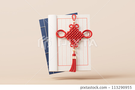 Ancient Chinese book and Chinese knot handicraft, 3d rendering. 113290955