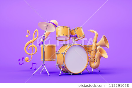 3D cartoon style drum set, 3d rendering. 3D cartoon style drum set, 3d rendering. 113291058
