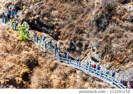 The narrow steep staircases path leading to the Tiger's Nest ,Bhutan. 113291238
