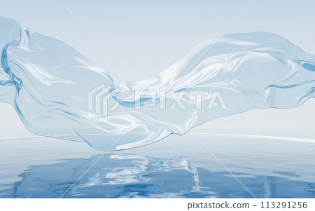 Flowing transparent cloth with water surface, 3d rendering. 113291256