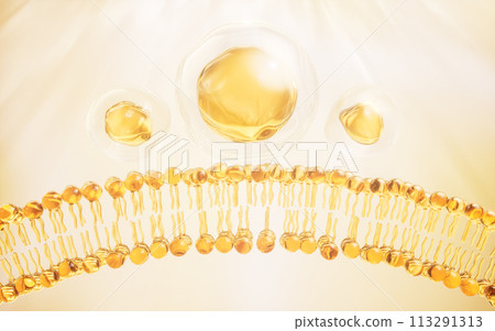 Transparent membrane and golden oil, 3d rendering. 113291313