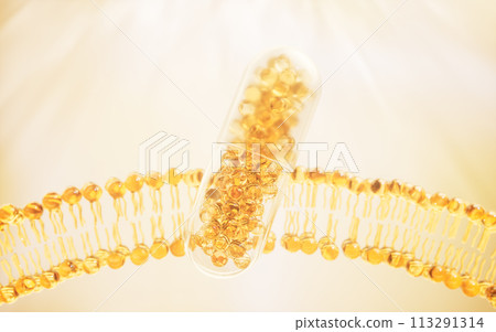 Transparent membrane and golden capsule, 3d rendering. 113291314